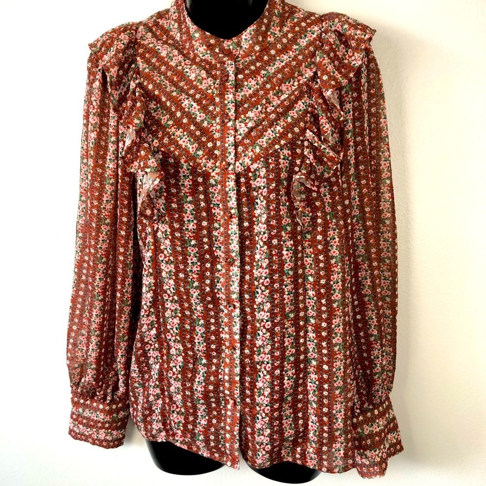 Lulu’s floral long sleeve peasant ruffle blouse high neck size medium